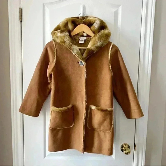 Floriane Coat Faux Suede Faux  Fur Winter Pea Coat Hood Tan Brown Girls Size 8 - Picture 3 of 16